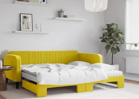 Pat de zi cu extensie și saltea, galben, 100x200 cm, catifea - 1/5