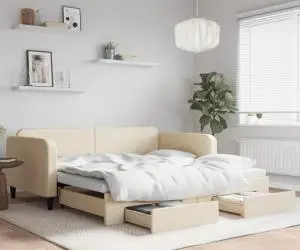 vidaXL Pat de zi cu extensie și sertare, crem, 100x200 cm, textil