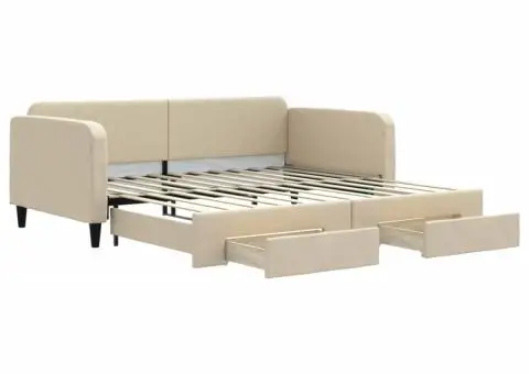 Pat de zi cu extensie și sertare, crem, 100x200 cm, textil - 2/5