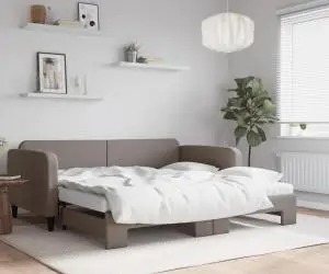 vidaXL Pat de zi cu extensie și saltele, gri taupe, 100x200 cm, textil