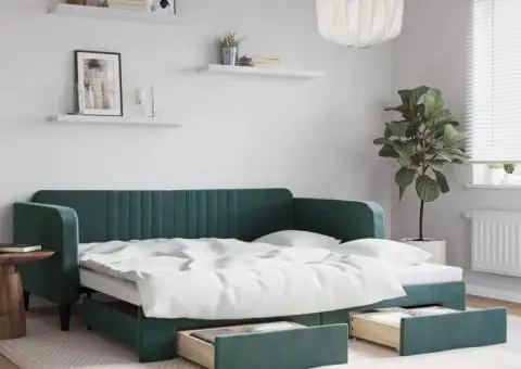 Pat de zi cu extensie și sertare verde închis 100x200cm catifea - 1/5