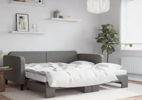 Pat de zi cu extensie și saltele, gri închis, 100x200 cm textil - 1/5