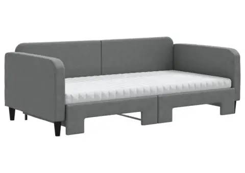 Pat de zi cu extensie și saltele, gri închis, 100x200 cm textil - 3/5
