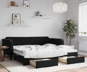 vidaXL Pat de zi cu extensie și sertare, negru, 100x200 cm, catifea