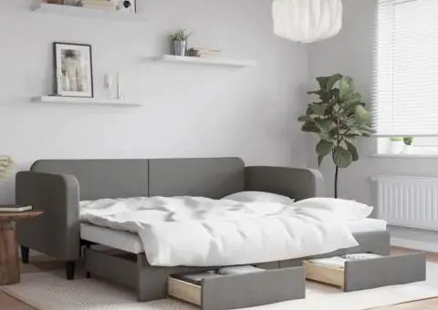 Pat de zi cu extensie și sertare, gri închis, 90x190cm, textil - 1/5