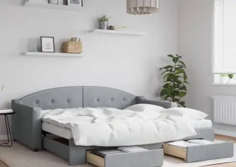 Pat de zi cu extensie și sertare, gri deschis, 90x190cm, textil - 1/5