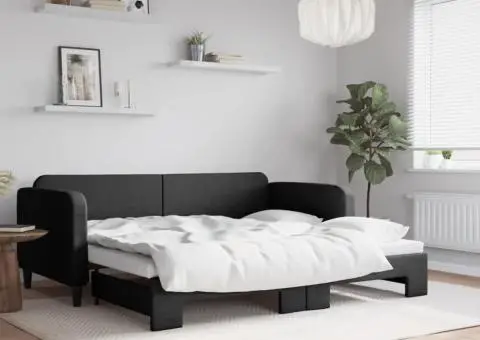 Pat de zi cu extensie, negru, 90x190 cm, textil - 1/5