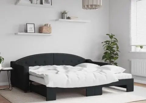 Pat de zi cu extensie și saltele, negru, 90x190 cm, textil - 1/5