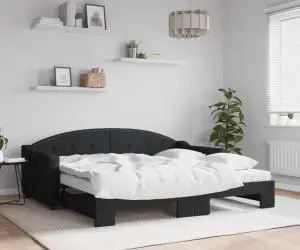 vidaXL Pat de zi cu extensie și saltele, negru, 90x190 cm, textil