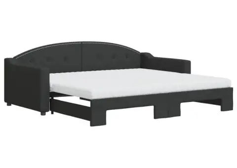 Pat de zi cu extensie și saltele, negru, 90x190 cm, textil - 2/5