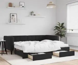 vidaXL Pat de zi cu extensie și sertare, negru, 90x190 cm, catifea