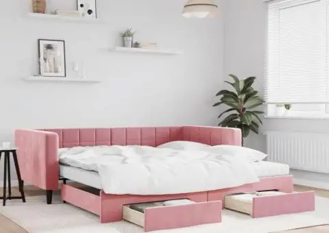 Pat de zi cu extensie și sertare, roz, 100x200 cm, catifea - 1/5