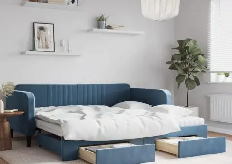 Pat de zi cu extensie și sertare, albastru, 100x200 cm, catifea - 1/5
