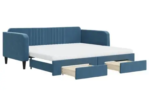 Pat de zi cu extensie și sertare, albastru, 100x200 cm, catifea - 2/5
