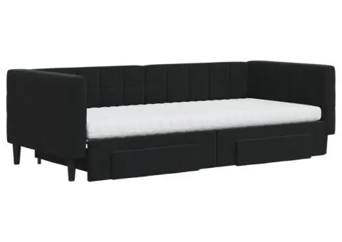 Pat de zi cu extensie și sertare, negru, 90x200 cm, catifea - 3/5