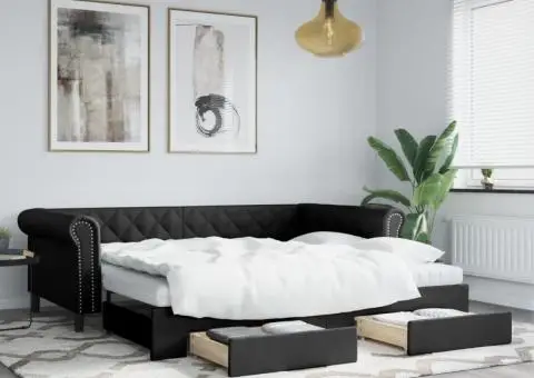 Pat de zi cu extensie și sertare negru 90x200cm piele ecologică - 1/5