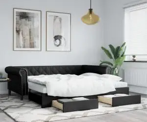 vidaXL Pat de zi cu extensie și sertare negru 90x200cm piele ecologică