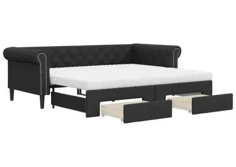 Pat de zi cu extensie și sertare negru 90x200cm piele ecologică - 2/5