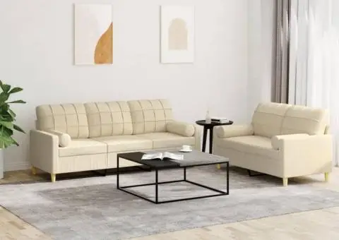 Set de canapele cu perne, 2 piese, crem, material textil - 1/5