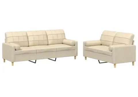 Set de canapele cu perne, 2 piese, crem, material textil - 2/5