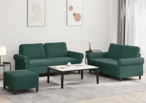 Set de canapele cu perne, 3 piese, verde închis, catifea - 1/5