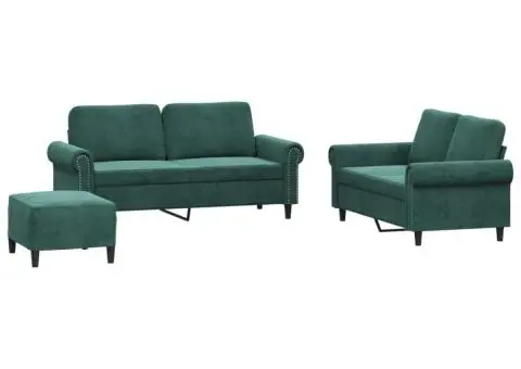 Set de canapele cu perne, 3 piese, verde închis, catifea - 2/5