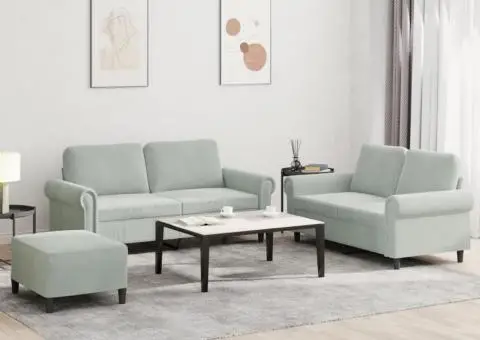 Set de canapele cu perne, 3 piese, gri deschis, catifea - 1/5