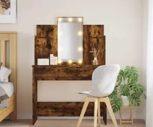 vidaXL Masă de toaletă cu LED-uri, stejar fumuriu, 96x40x142 cm