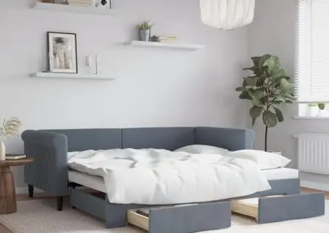 Pat de zi cu extensie și sertare, gri închis, 90x190cm catifea - 1/5