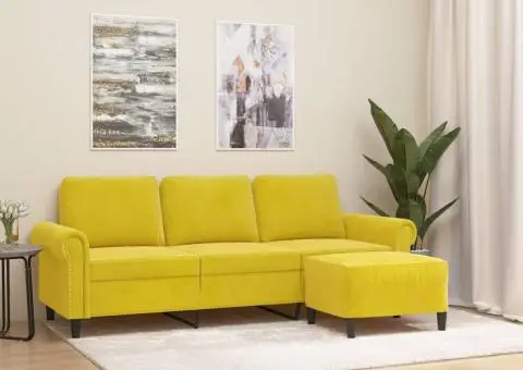 Canapea cu 3 locuri și taburet, galben, 180 cm, catifea - 1/5