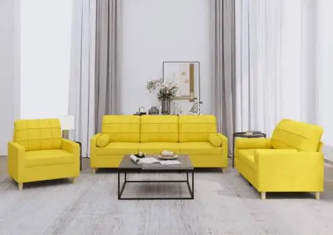 Set de canapele cu perne, 3 piese, galben deschis, textil - 1/5