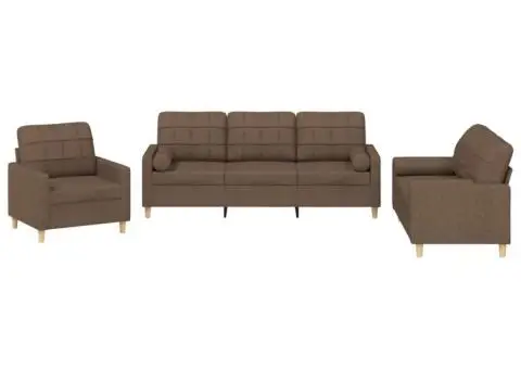 Set de canapele cu perne, 3 piese, maro, textil - 2/5