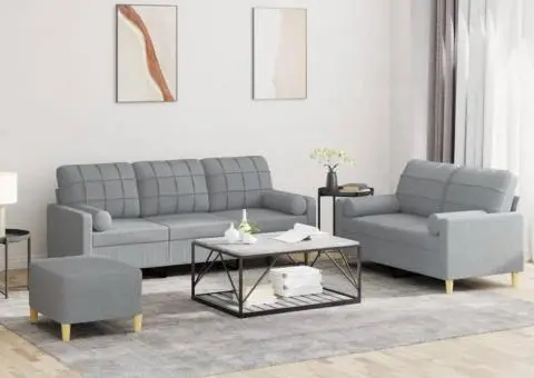 Set de canapele cu perne, 3 piese, gri deschis, textil - 1/5