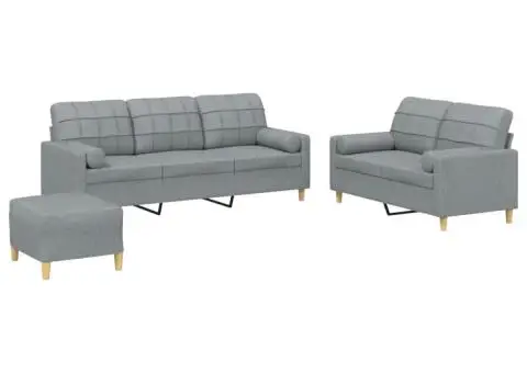 Set de canapele cu perne, 3 piese, gri deschis, textil - 2/5