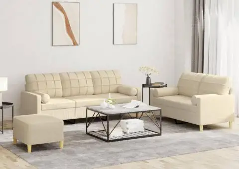 Set de canapele cu perne, 3 piese, crem, textil - 1/5