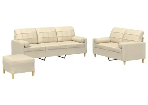 Set de canapele cu perne, 3 piese, crem, textil - 2/5