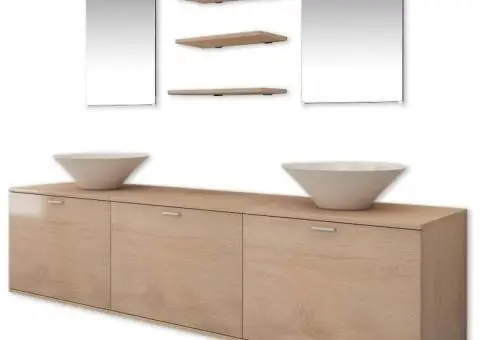 Set mobilier baie 10 piese cu chiuvete și robinete incluse, Bej - 3/5