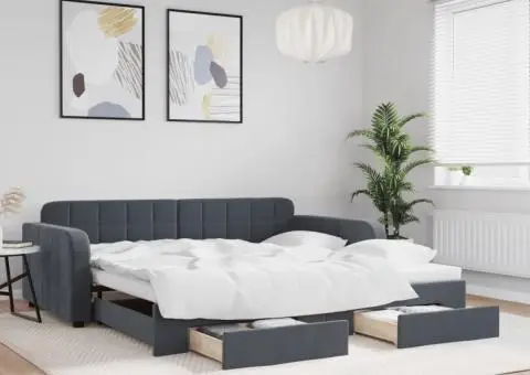 Pat de zi cu extensie și sertare gri închis 100x200cm catifea - 1/5