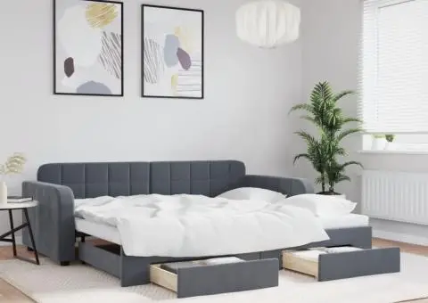 Pat de zi cu extensie și sertare, gri închis, 90x190cm catifea - 1/5