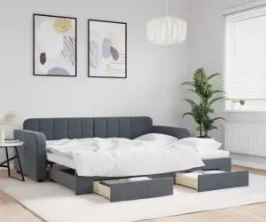 vidaXL Pat de zi cu extensie și sertare, gri închis, 90x190cm catifea