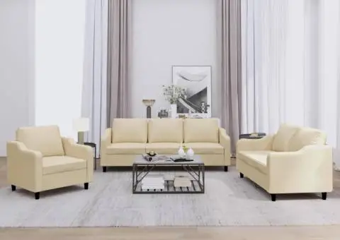 Set de canapele cu perne, 3 piese, crem, textil - 1/5