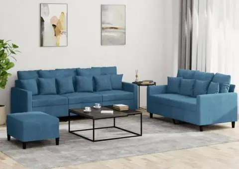 Set de canapele cu perne, 3 piese, albastru, catifea - 1/5