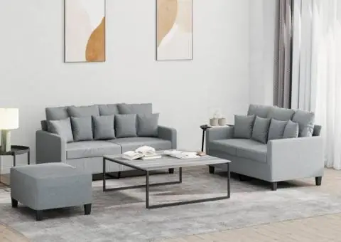 Set de canapele cu perne, 3 piese, gri deschis, textil - 1/5