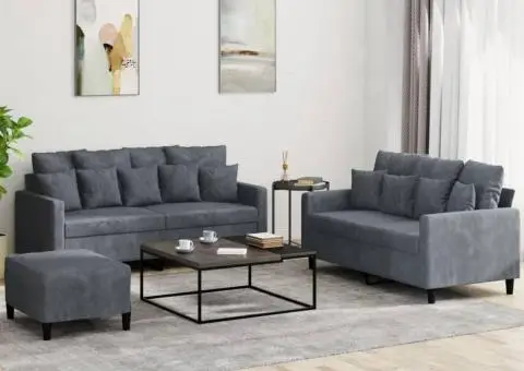 Set de canapele cu perne, 3 piese, gri închis, catifea - 1/5