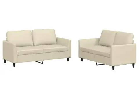 Set de canapele cu perne, 2 piese, crem, piele ecologică - 2/5