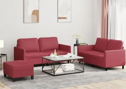 Set de canapele cu perne, 3 piese, roșu vin, piele ecologică - 1/5