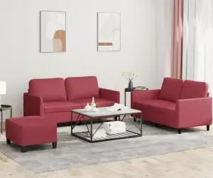 vidaXL Set de canapele cu perne, 3 piese, roșu vin, piele ecologică