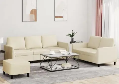 Set de canapele cu perne, 3 piese, crem, piele ecologică - 1/5