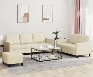 vidaXL Set de canapele cu perne, 3 piese, crem, piele ecologică
