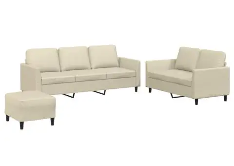 Set de canapele cu perne, 3 piese, crem, piele ecologică - 2/5